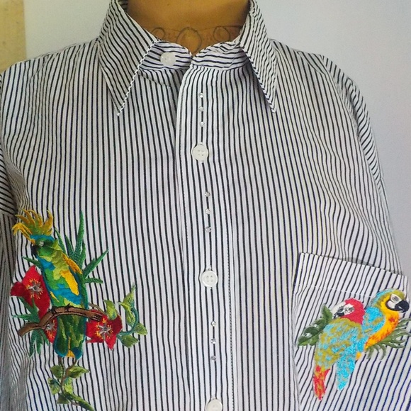 Black/White Stripe Blouse w/Colorful Appliqued Parrots - Picture 4 of 9